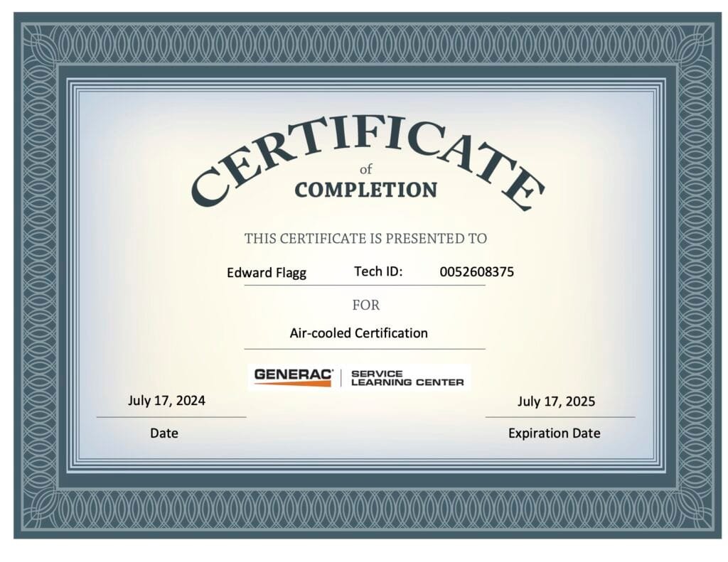 Generac Air Cooled Certificate