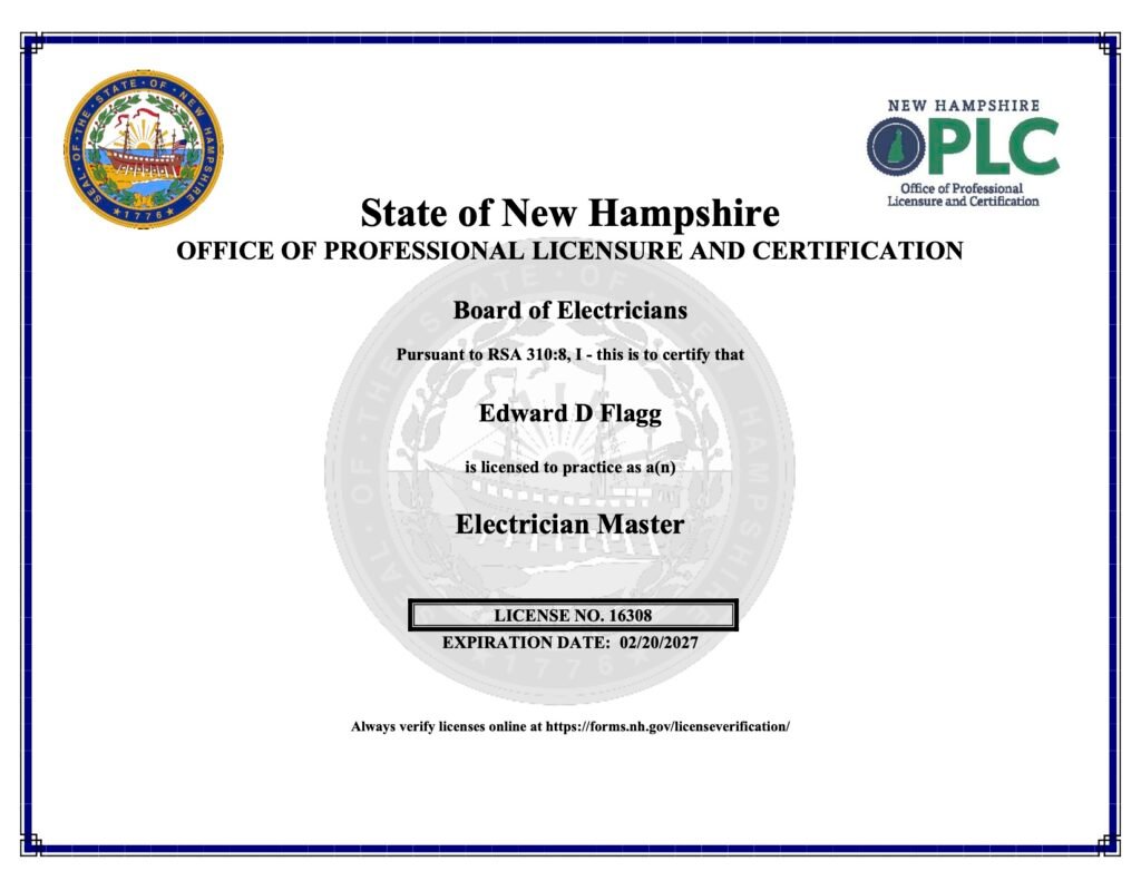 State of New Hampshire Board of Electricians certificate